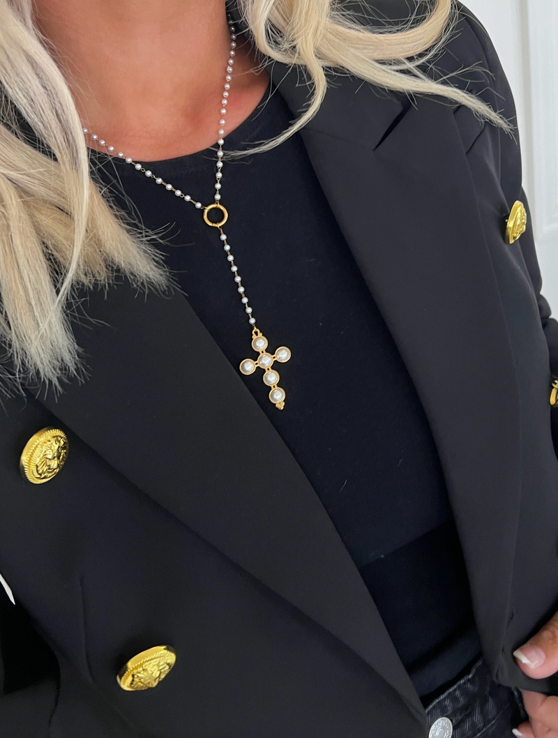 Lariat Pearl Cross Necklace